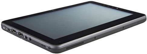 Tablet in black and gray shown from a low side view, highlighting ports and buttons on the left edge with screen off.
