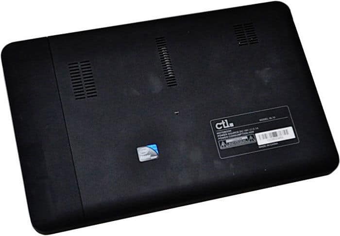 Underside view of a black laptop showing ventilation grills, Intel sticker, CTL label, and slight surface wear.