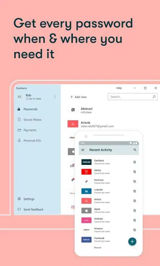 Front view screenshot of Best Password Manager on phone and tablet, showing saved passwords and activity on a pink background.