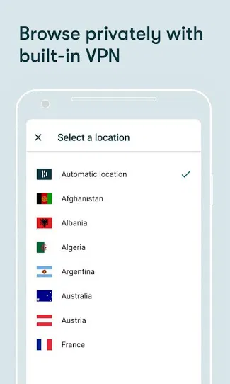 Front view of smartphone displaying VPN app with "Browse privately with built-in VPN" and a country list including Afghanistan.