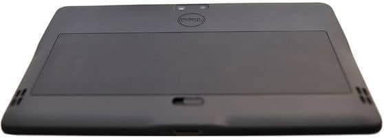 Rear view of a black Dell tablet showing top rear camera, central logo, center panel, and dual speaker grills at bottom corners.