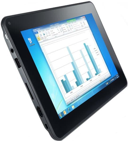 Black tablet, possibly Samsung Galaxy Tab, side view showing ports and buttons; screen displays a spreadsheet bar chart.