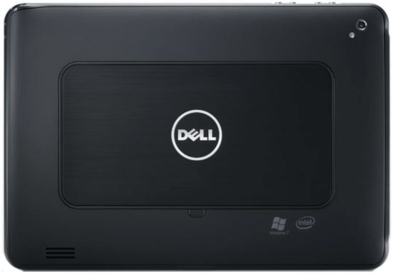 Rear view of a black Dell tablet with center Dell logo, top right rear camera, and Windows 7 and Intel logos in lower right corner.