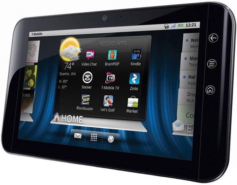 Front view of a powered-on black tablet, likely Samsung Galaxy Tab, showing Seattle weather and recent apps on the home screen.