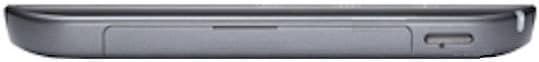 Side view of a slim, gray tablet with a curved edge, right-side button, and central rectangular compartment. Brand/model not shown.