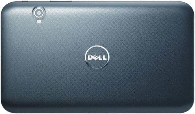 Rear view of a dark grey Dell tablet, camera and flash in top left corner, Dell logo centered. Model unspecified.