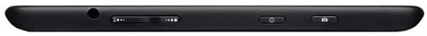 Side view of black tablet showing headphone jack, volume rocker, power button, and additional button; brand/model not specified.