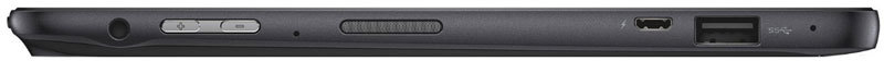 Side view of laptop edge with power button, slider, audio jack, HDMI port, and SuperSpeed USB port. Brand/model not shown.