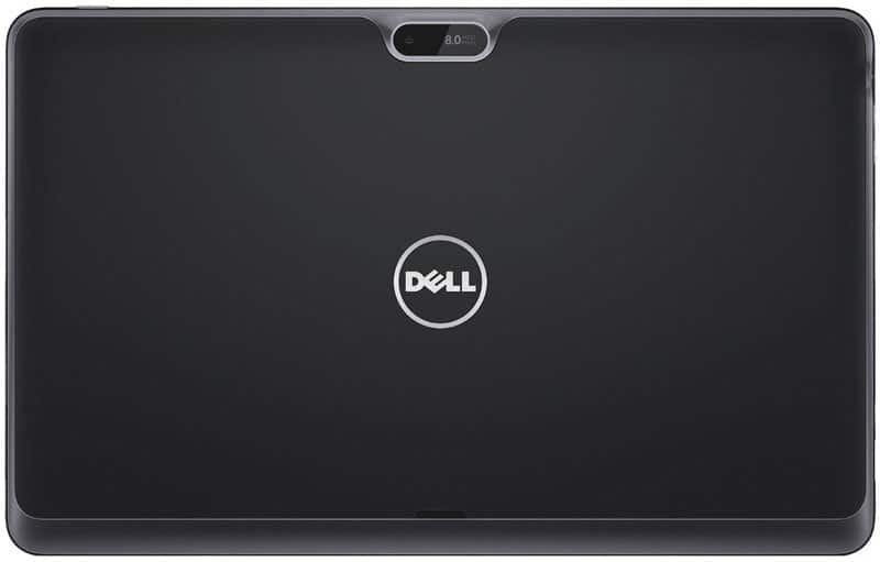 Rear view of Dell tablet with centered Dell logo, top 8.0 MP camera, and black matte finish. Model unspecified.