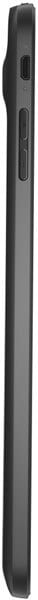 Dark gray smartphone shown from the side, displaying its edge profile with buttons and ports visible