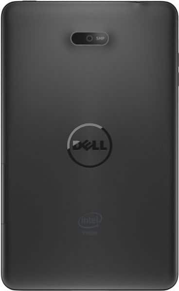 Dell tablet rear view with centered Dell logo, top 5MP camera, and "Intel Inside" branding at the bottom. Model unspecified.