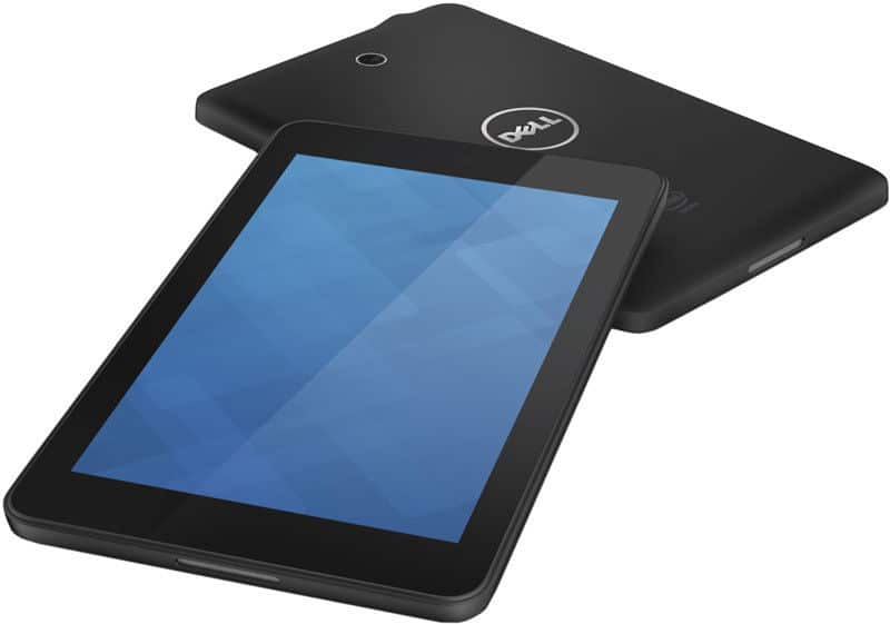 Dell tablets displayed: front view shows screen with blue geometric pattern; rear view shows Dell logo and camera.