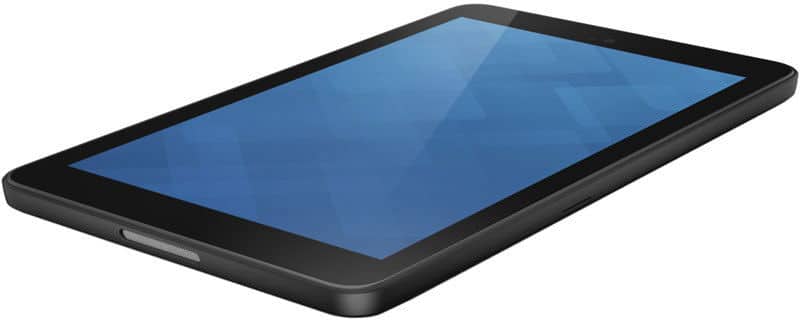 Black tablet with blue screen lying flat on white surface, angled view showing power button and front-facing camera.