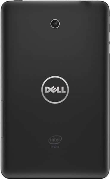 Rear view of black Dell tablet showing center Dell logo, top rear camera, and "Intel Inside" branding near the bottom.
