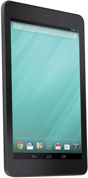 Black Android tablet, likely Samsung Galaxy Tab, shown at front angle with screen on and Google apps visible on the bottom dock.