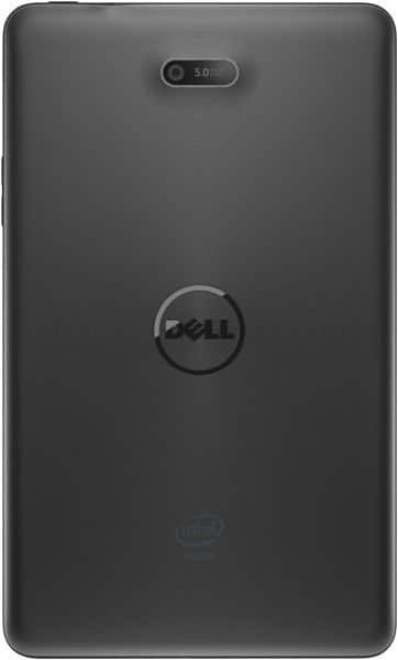 Rear view of a black Dell tablet with a 5.0MP camera, centered Dell logo, and Intel Inside branding at the bottom.