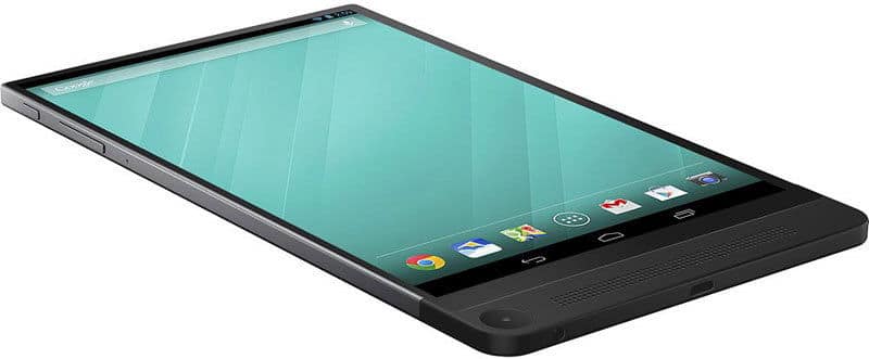 Samsung Galaxy Tab, front angled view showing Android home screen with Google and Chrome apps against a white background.