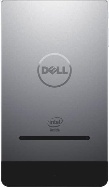 Rear view of a silver Dell tablet, central Dell logo, "Intel inside" badge below, and thin slot at the bottom on brushed metal.