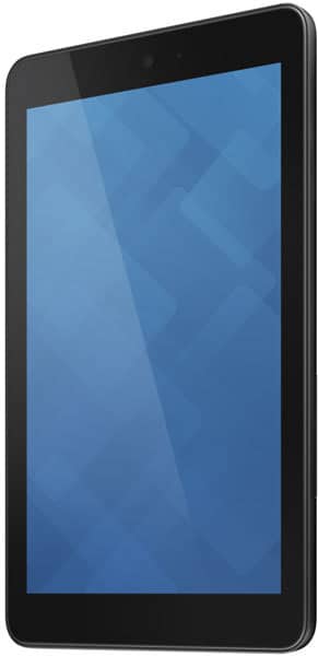 Black tablet in front angled view, screen on with blue geometric background, placed against a plain white backdrop.