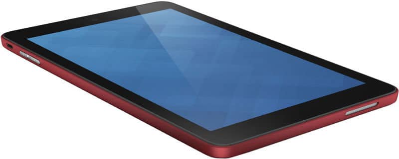 Angled front view of red tablet with black bezel, blue screen, and side buttons on a white background.
