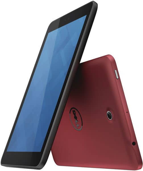 Dell tablets shown front and rear: one displays the blue home screen, the other shows the red back with camera and Dell logo.