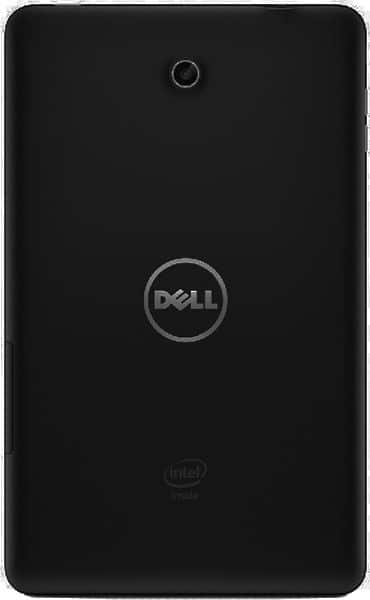 Rear view of a black Dell tablet showing centered logo, top rear camera, and "Intel Inside" logo near the bottom.