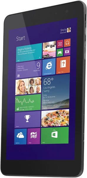 Front view of a black Microsoft Surface tablet showing Windows 8 start screen with colorful app tiles and Los Angeles weather.