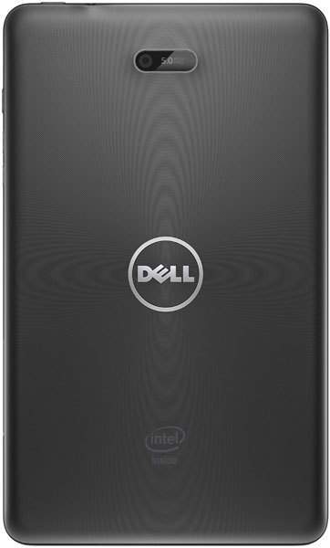 Rear view of black Dell tablet, Dell logo centered, rear camera at top, "Intel Inside" logo near bottom; model unspecified.
