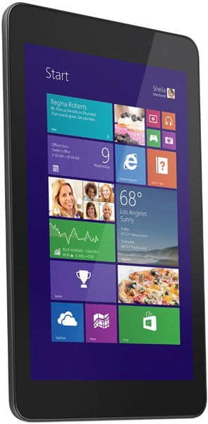 Front view of Microsoft Surface tablet showing Windows 8 start screen with colorful app tiles on a white background.