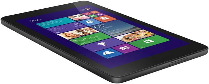 Microsoft Surface tablet front angled view, showing Windows home screen with colorful app tiles on a white background.