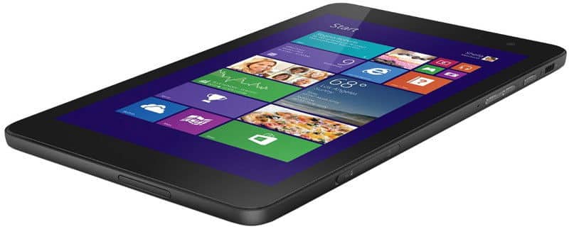 Microsoft Surface tablet, angled front view showing Windows Start screen, side buttons, and front camera; white background.