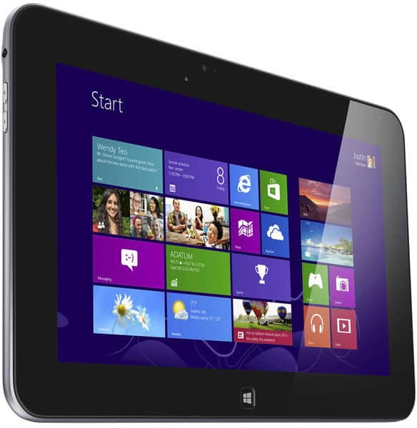 Microsoft Surface tablet at a front-side angle, Start screen with app tiles visible, on a white background.