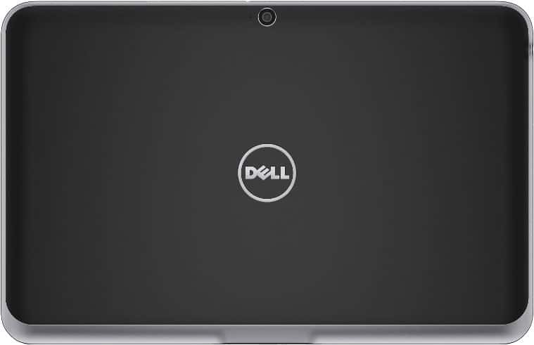Dell laptop (model unspecified), top view: black closed lid with central Dell logo and small circular camera lens at the top.