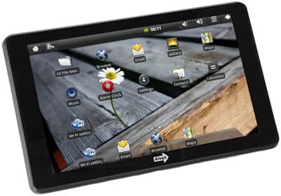 Front view of a black tablet (brand/model not shown) with home screen apps and a daisy flower wallpaper on wood background.
