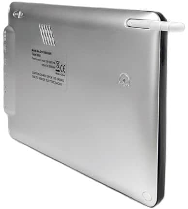Rear view of a silver tablet with built-in stylus, product label, and charging port; device shown upright at an angle.
