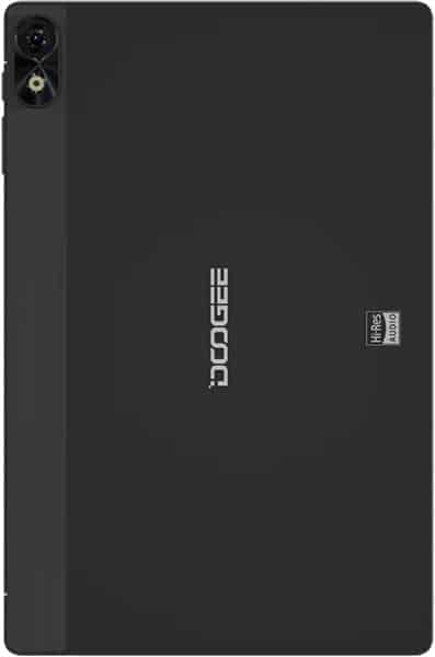 Rear view of black DOOGEE tablet with vertical camera, centered branding, and "Hi-Res Audio" label on the right side.