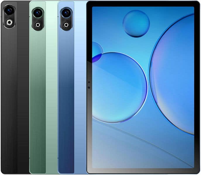 Samsung Galaxy Tab S9 FE tablets in black, green, and blue shown rear view; front view displays blue abstract bubble wallpaper.