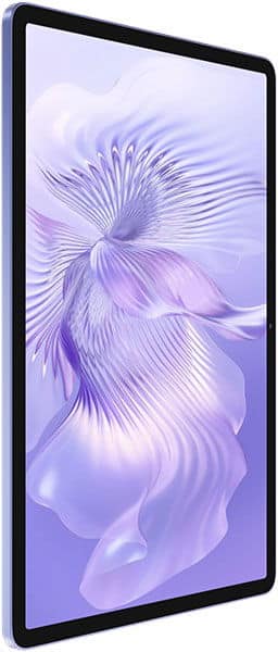Three-quarter side view of a slim tablet with black bezel displaying a purple and white abstract pattern on its screen.