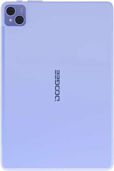 Rear view of a lavender tablet showing dual rear cameras (top left) and vertically oriented DOOGEE logo at center.