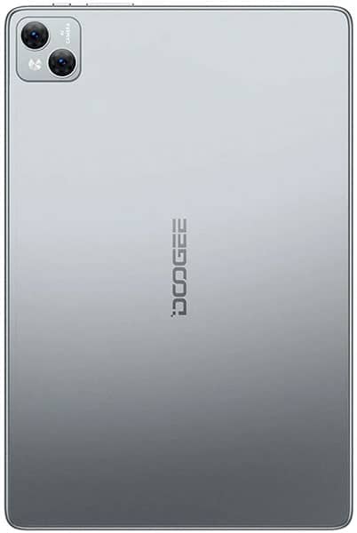 Rear view of a grey DOOGEE tablet with dual cameras top left and vertical DOOGEE logo centered on the back.
