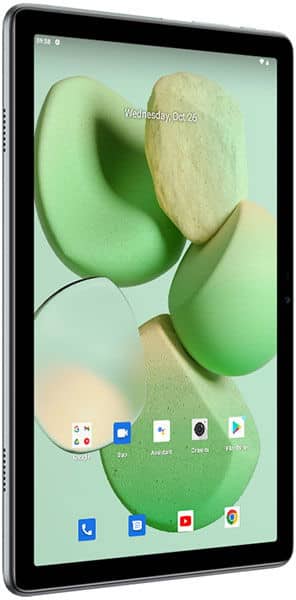 Front view of a black tablet showing a large screen with green and beige abstract wallpaper, app icons, and Oct 26 date at top.