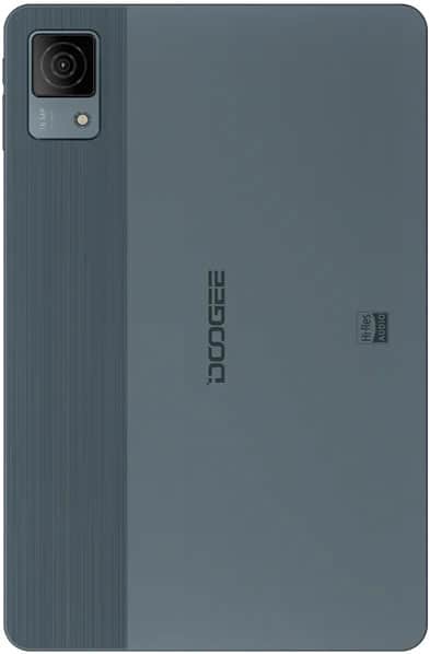 Rear view of gray Doogee tablet showing single top-left camera, Hi-Res Audio label, and vertically centered Doogee logo.