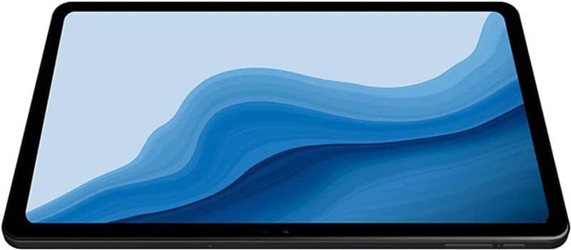Front view of a modern, slim tablet lying flat, displaying abstract blue waves on screen; thin black bezel visible.