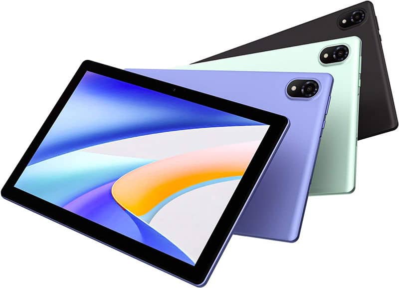 Samsung Galaxy Tab S6 Lite tablets in blue, green, and black overlap, shown from front and rear with an active display on front.