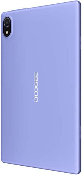Doogee tablet in purple, rear angled view showing single top-left camera and vertical Doogee logo centered on back.