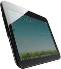 Black tablet, possible Microsoft Surface, side angle showing screen (blue sky, green grass) and multiple left-side ports.