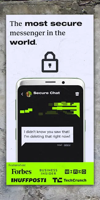 Front view of a phone displaying a partially redacted chat, lock icon, and media logos below for an encrypted messaging app.