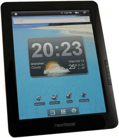 Nextbook tablet front view with beach home screen, weather/clock widget (20:23), app icons below, right-edge side buttons visible.