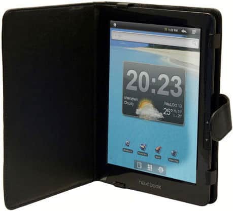 Front view of a tablet in a black case showing weather (20:23, 25°C, cloudy) and app icons; brand/model not identifiable.