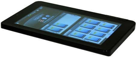 Black tablet, possibly an iPad, front angled view showing app grid and 11:52 AM on screen; sleek rectangular design.